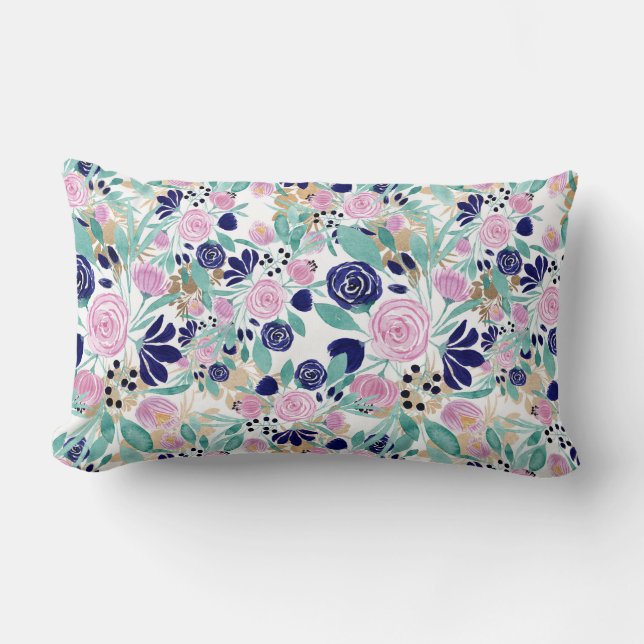Coussin Rectangle Girly Pink Navy Blue Gold Watercolor (Recto)