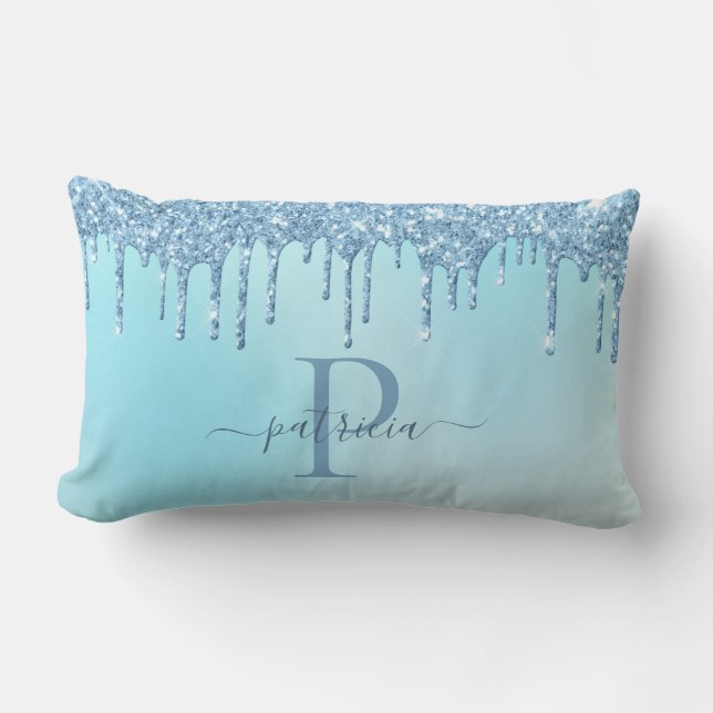 Coussin Rectangle Glam Bleu Glitter Gouttes Élégant Monogramme Couss (Recto)