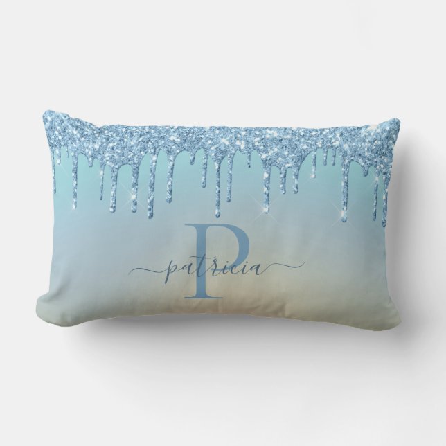 Coussin Rectangle Glam Bleu Paillettes Drips Élégant Monogramme  (Recto)