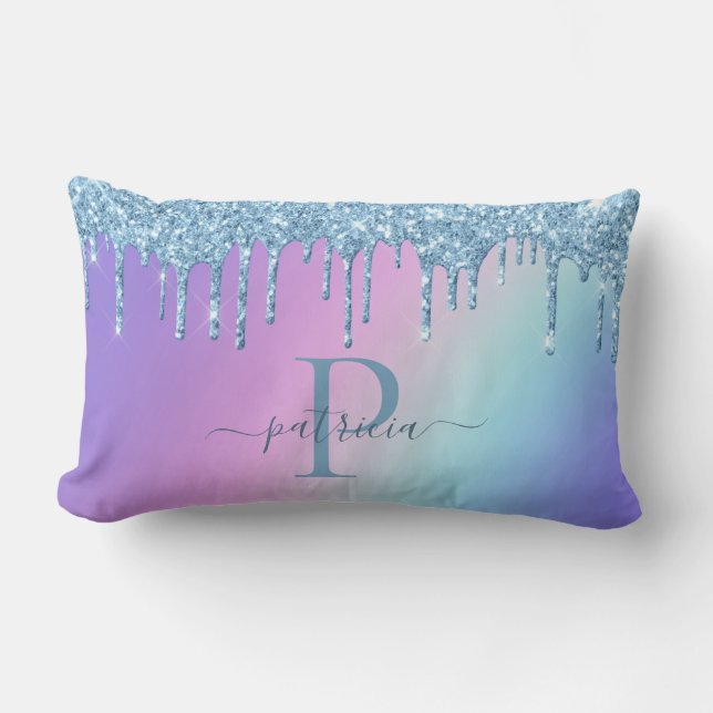 Coussin Rectangle Glam Bleu Paillettes Elegant Monogramme (Recto)