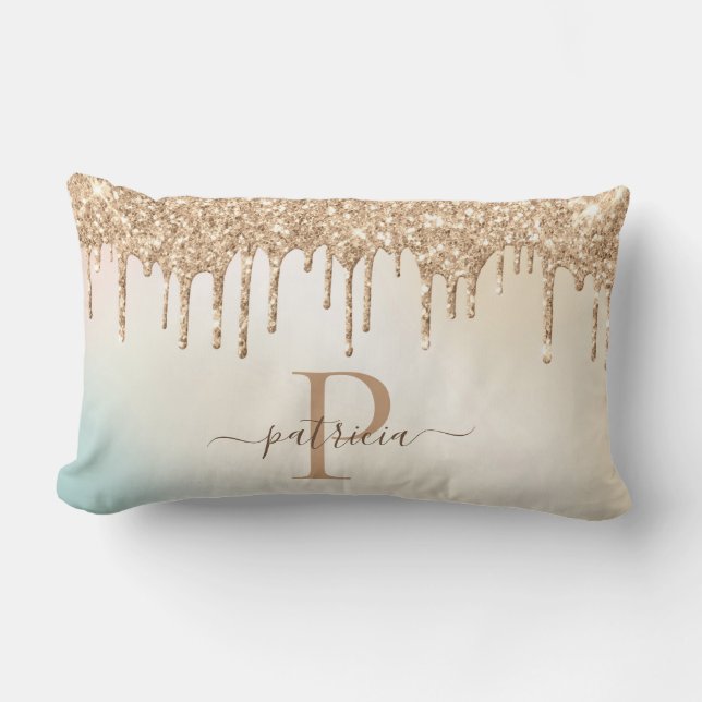Coussin Rectangle Glam Or Paillettes Gouttes Élégant Monogramme  (Recto)