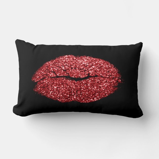 Coussin Rectangle Glam Red Lips Parties scintillant Black Maquillage (Recto)