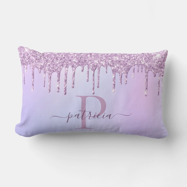 Coussin Rectangle Glamour Monogramme aux Gouttes de Paillettes Viole (Recto)