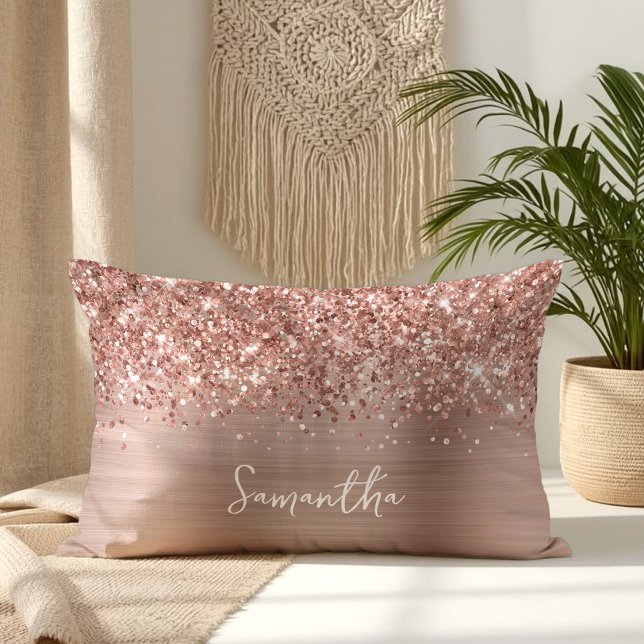 Coussin Rectangle Glitter Rose Gold Glam Nom du script (Glittery Rose Gold Glam Script Name Lumbar Pillow)