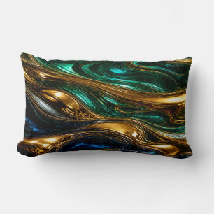 Coussin Rectangle Gold Emerald Sapphire Fluid Art