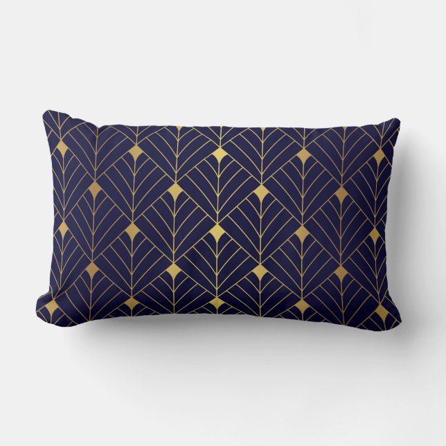 Coussin Rectangle Gold Navy Blue Art Deco Diamond Motif (Recto)