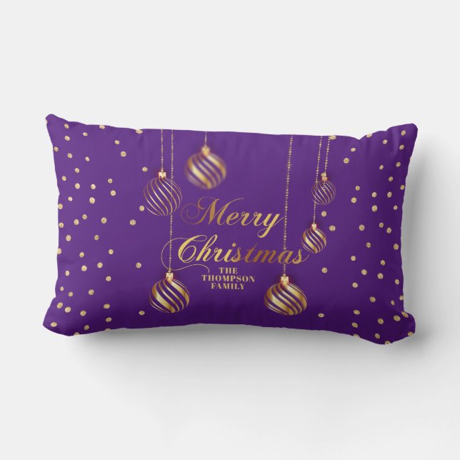 Coussin Rectangle Gold Script Confetti Royal Purple Famille Noël (Verso)