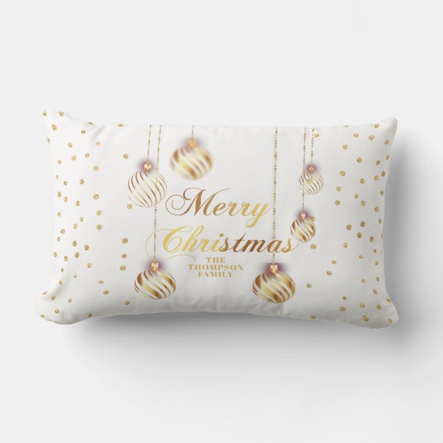 Coussin Rectangle Gold Script Confetti White Family Christmas Balls (Recto)