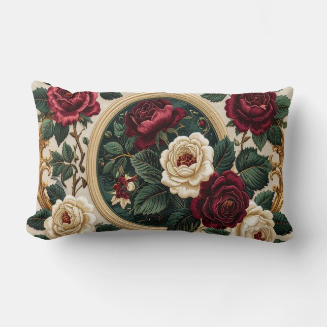 Coussin Rectangle Golden Frame Roses Pillow - Elegant Burgundy Cream (Recto)