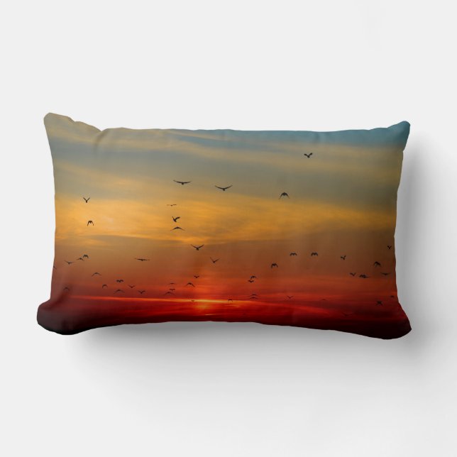 Coussin Rectangle Golden Sunset Paysage Oiseaux Bleu Jaune (Recto)
