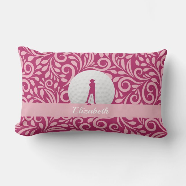 Coussin Rectangle Golf Personnalisé Golfeuse Silhouette Rose Monogra (Recto)