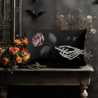 Coussin Rectangle Gothique Halloween Mariage noir squelette Rose mai