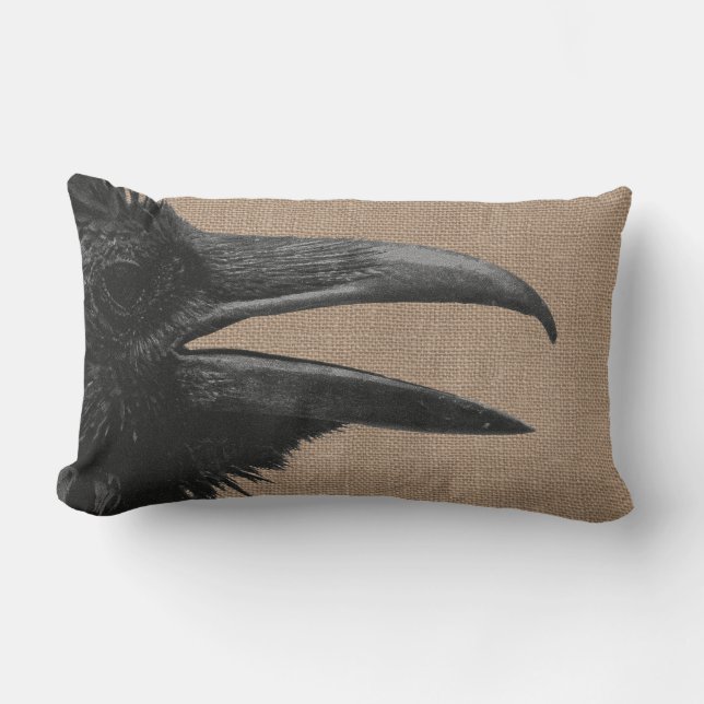 Coussin Rectangle Gothique Raven Bird & Faux Burlap (Recto)