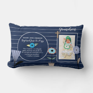 Coussin Rectangle Grand-fils POEM Baptême PHOTO Marine Blue Flowers