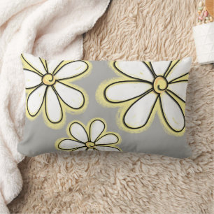 Coussin Rectangle Grandes Fleurs Jaunes Blancs Sur Motif Gris