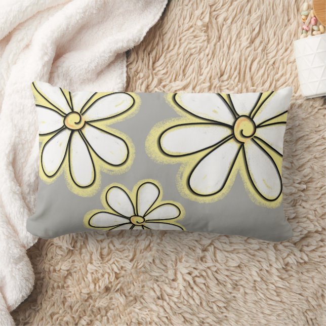 Coussin Rectangle Grandes Fleurs Jaunes Blancs Sur Motif Gris (Couverture)