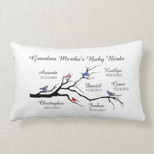 Coussin Rectangle Grandma Tree (oiseaux), personnaliser 6 noms/dates