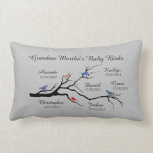 Coussin Rectangle Grandma Tree (oiseaux), personnaliser de 6 noms/da