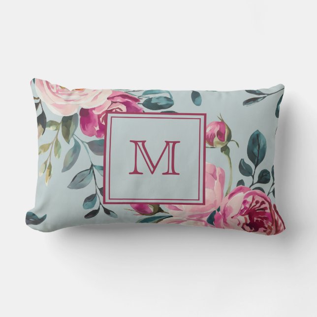 Coussin Rectangle Grandmillennial Rose Poussiéreuse Florale Monogram (Recto)