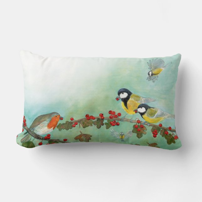 Coussin Rectangle Grands Tit Birds, Red Robin & Hawthorn Berries (Recto)