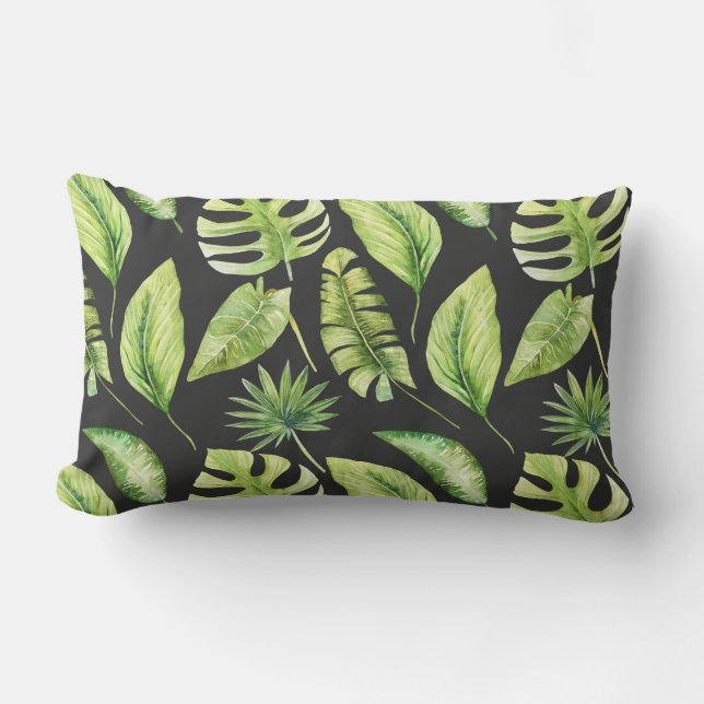 Coussin Rectangle Green Tropical Feuille Motif Botanique Noir (Recto)