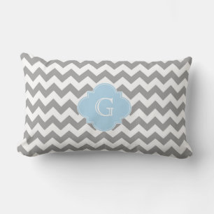 Coussin Rectangle Gris Blanc Chevron Bleu Clair Quatrefeuille Monogr