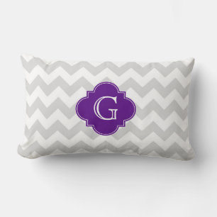 Coussin Rectangle Gris Clair Blanc Chevron Violet Quatrefeuille Mono