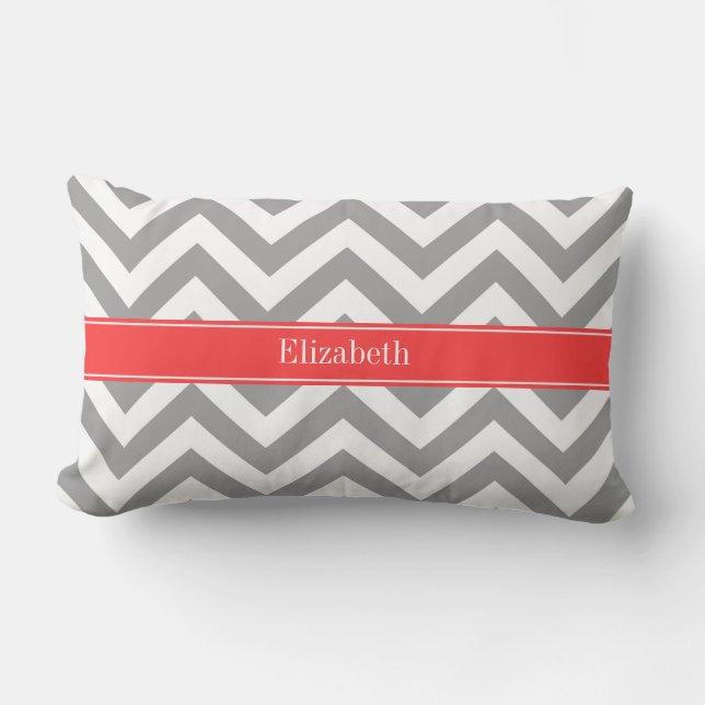 Coussin Rectangle Gris foncé Lg Chevron Corail Rouge Monogramme Nom (Recto)