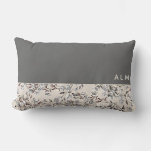 Coussin Rectangle Gris & Linge Beige Floral   Monogramme