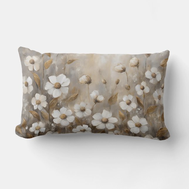 Coussin Rectangle Gris neutre Taupe Floral Or (Recto)