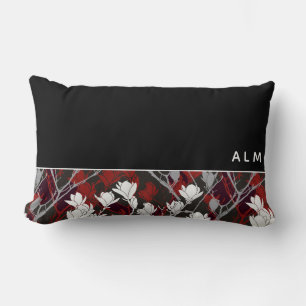 Coussin Rectangle Gris noir blanc et Flore rouge   Monogramme