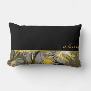 Coussin Rectangle Gris noir & Jaune Artiste Floral   Monogramme