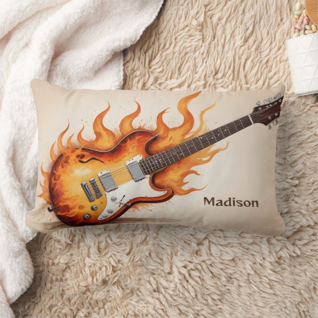 Coussin Rectangle Guitare à flammes de nom personnalisé (Couverture)