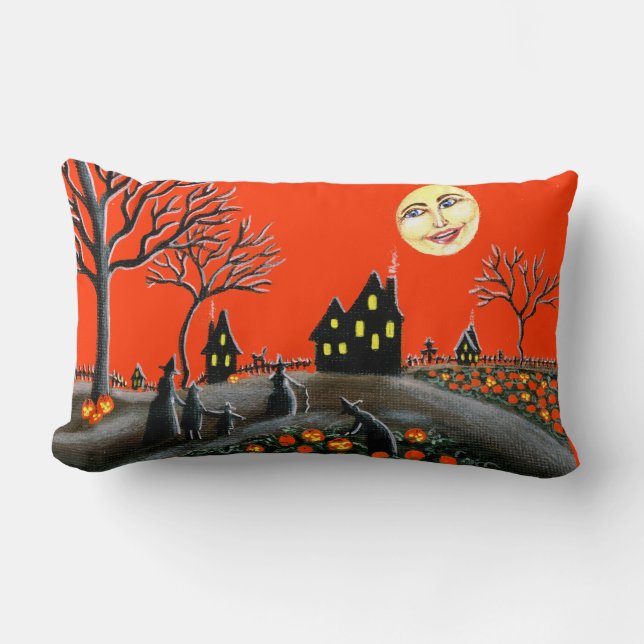 Coussin Rectangle Halloween, coussin, Jack-O-Lanternes, sorcières, (Recto)