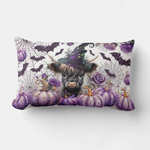 Coussin Rectangle Halloween Highland Vache sorcière violet Citrouill