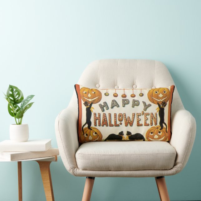 Coussin Rectangle Halloween vintage, Chats noirs avec Jackolanterns (Chaise)