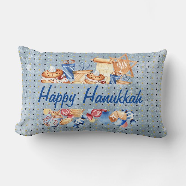 Coussin Rectangle Hanoukka Chanukah Menorah Motif d'aquarelle bleu (Recto)