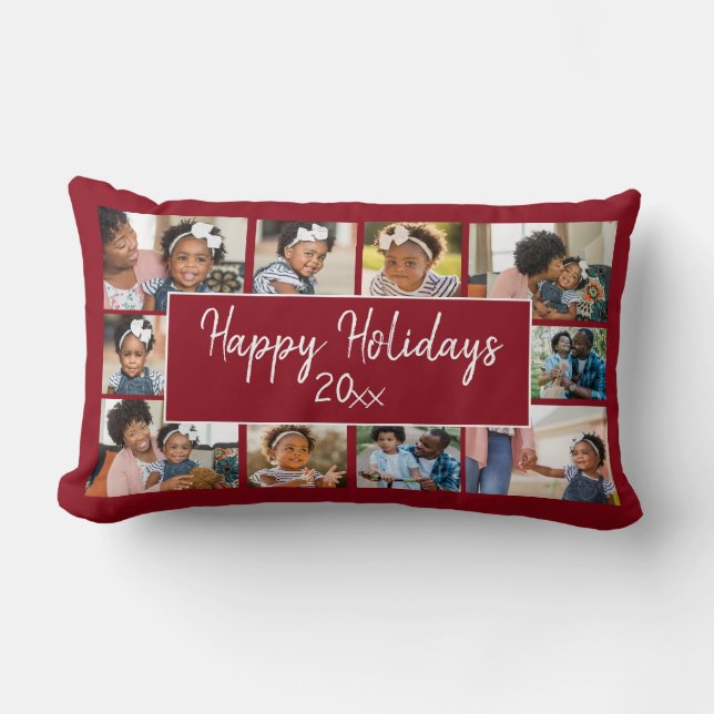 Coussin Rectangle Happy Holidays 10 Photo Collage Bourgogne Rouge (Recto)