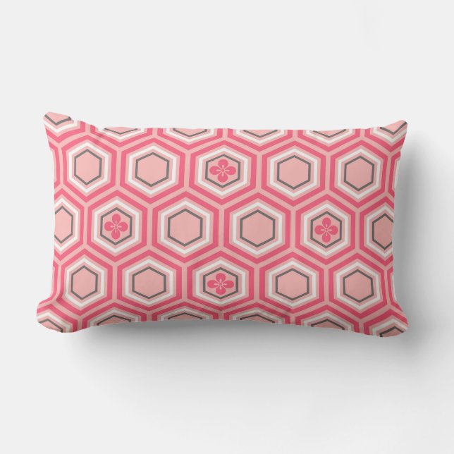 Coussin Rectangle Hexagonal Kimono Print, Coral rose et blanc (Recto)