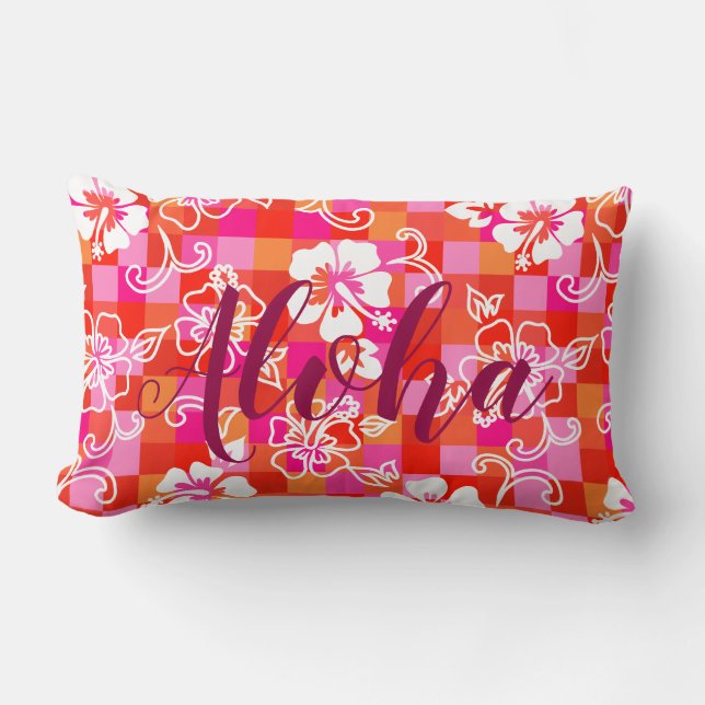 Coussin Rectangle Hibiscus damier floral hawaïen Aloha (Recto)