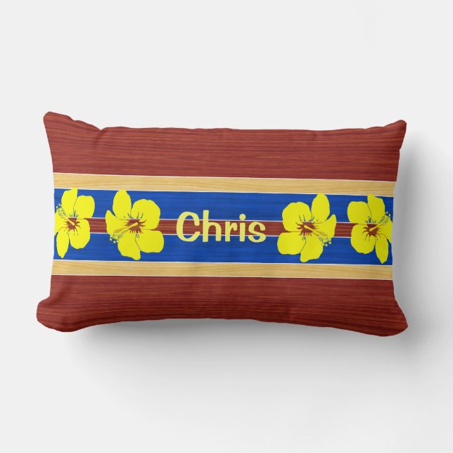 Coussin Rectangle Hibiscus jaune Fake Wood Surboard (Recto)