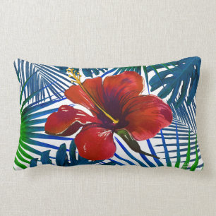 Coussin Rectangle Hibiscus rouge tropical Turquoise de l'ombre