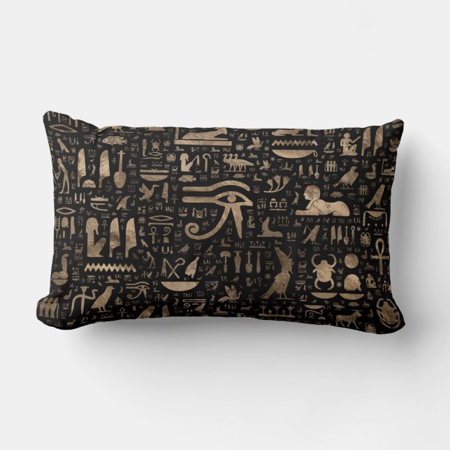 Coussin Rectangle Hiéroglyphes égyptiens antiques - noir et or (Recto)