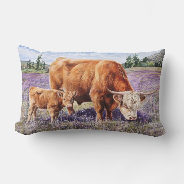 Coussin Rectangle Highland Cow and Calf Purple Fleurs sauvages (Recto)