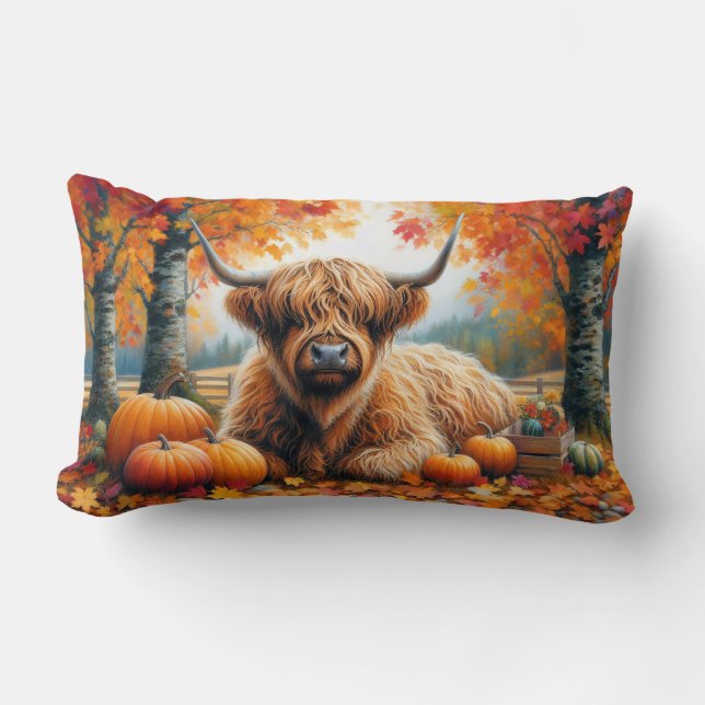 Coussin Rectangle Highland Cow Fall Citrouille Aquarelle (Recto)