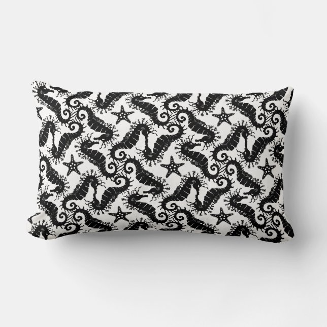 Coussin Rectangle Hippocampe et étoile de mer - Motif noir et blanc (Recto)