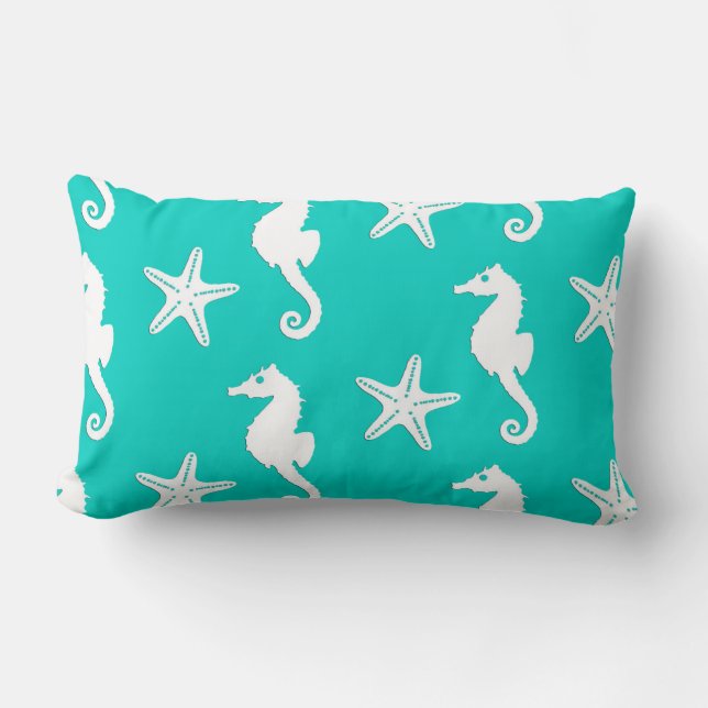 Coussin Rectangle Hippocampe et étoiles de mer - blanc sur la (Recto)