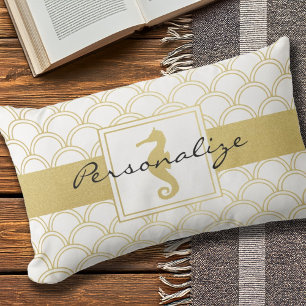 Coussin Rectangle Hippocampe Pailleté Or Vague Art Déco
