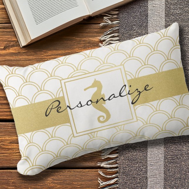 Coussin Rectangle Hippocampe Pailleté Or Vague Art Déco (Créateur téléchargé)