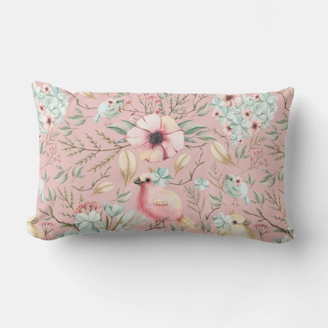 Coussin Rectangle Hydrangea Hearts, Birdies Dusty rose Lumbar Coussi (Recto)